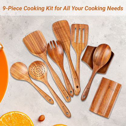 9 Piece Wooden Kitchen Utensil Set with Holder & Rest
