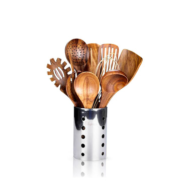 11 Pcs Wooden Kitchen Utensils Set with Holder – Cooking Spoons & Spatulas
