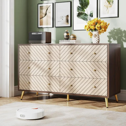 47-Inch Dresser for Bedroom with 6 Drawers, Double Wide Chest of Drawers with Gold Legs, Wood & Metal 6-Drawer Storage Cabinet f