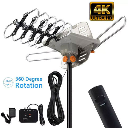 990 Mile HDTV Outdoor Amplified TV Antenna with 36dB Gain, 360° Rotation, UHF/VHF/FM Support & Mounting Pole