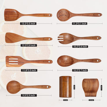 9 Piece Wooden Kitchen Utensil Set with Holder & Rest