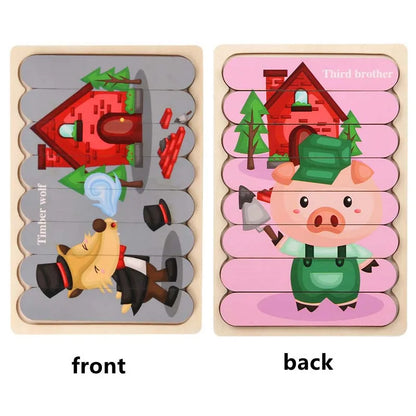 Kids New Wooden Two-sided Strip 3D Puzzles Wood Vehicle Fruit Jigsaw Puzzle Toy for Children Baby Learning Educational Toys Gift