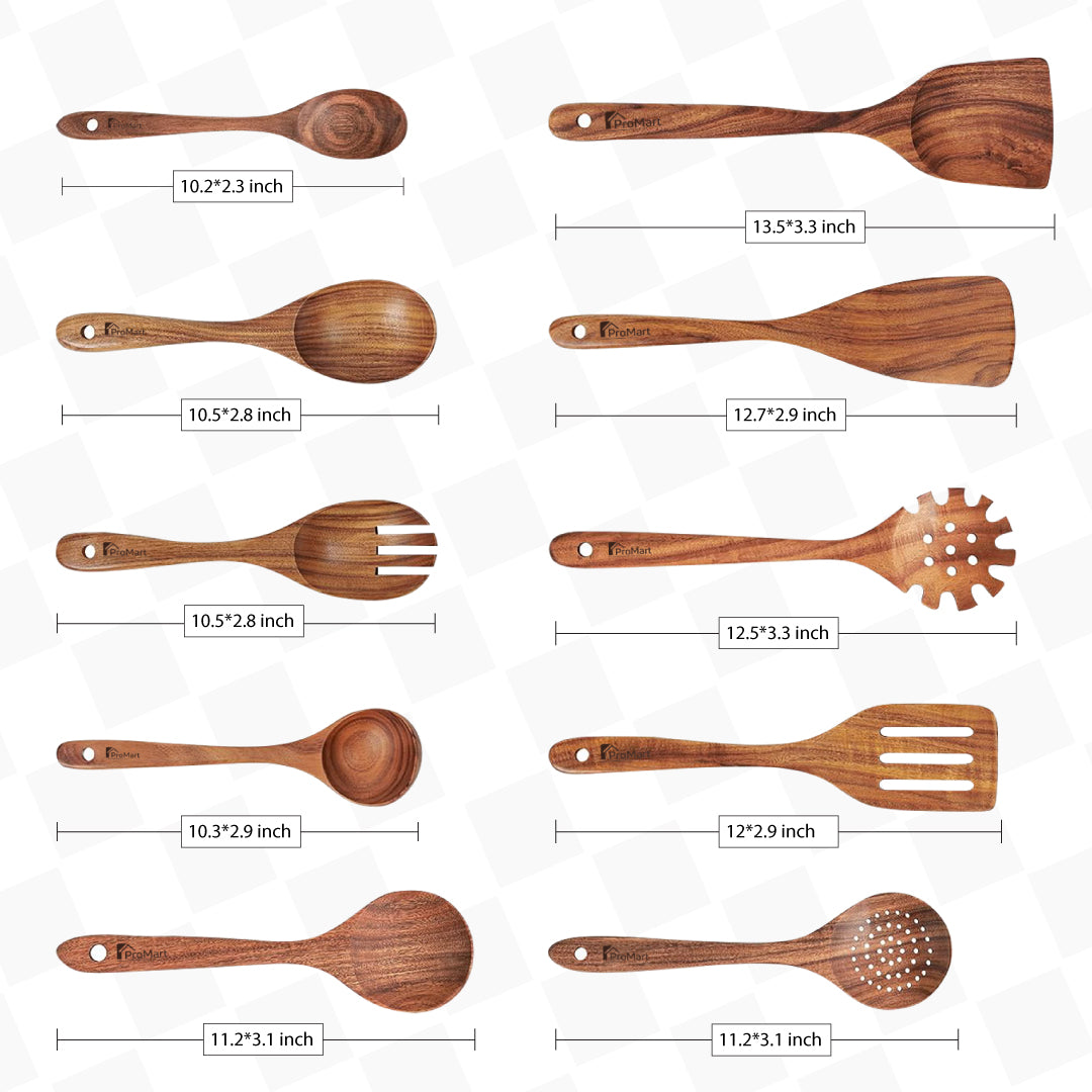 10 Piece Wooden Kitchen Utensil Set – Natural Teak Cooking Tools