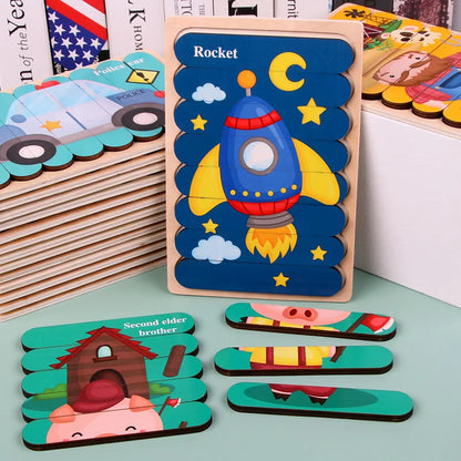 Kids New Wooden Two-sided Strip 3D Puzzles Wood Vehicle Fruit Jigsaw Puzzle Toy for Children Baby Learning Educational Toys Gift