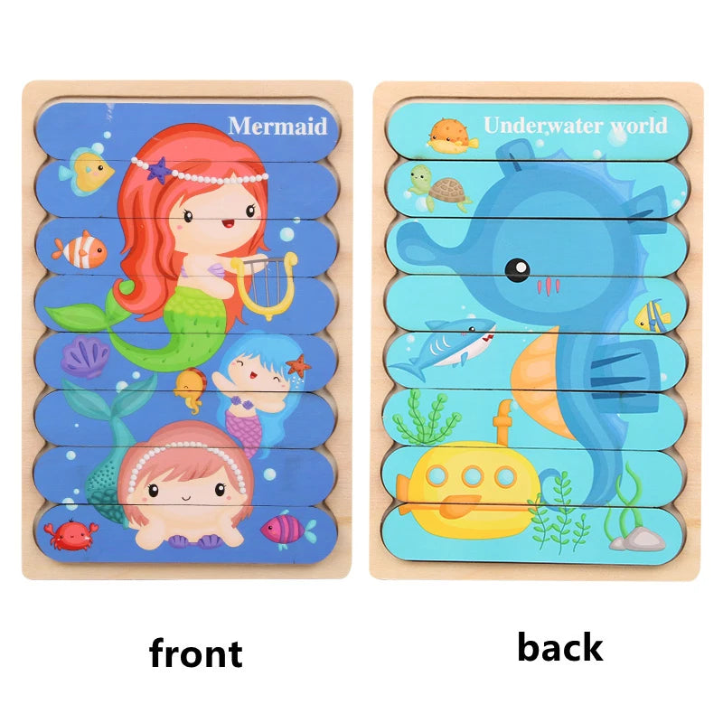 Kids New Wooden Two-sided Strip 3D Puzzles Wood Vehicle Fruit Jigsaw Puzzle Toy for Children Baby Learning Educational Toys Gift