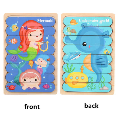 Kids New Wooden Two-sided Strip 3D Puzzles Wood Vehicle Fruit Jigsaw Puzzle Toy for Children Baby Learning Educational Toys Gift