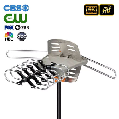 990 Mile HDTV Outdoor Amplified TV Antenna with 36dB Gain, 360° Rotation, UHF/VHF/FM Support & Mounting Pole