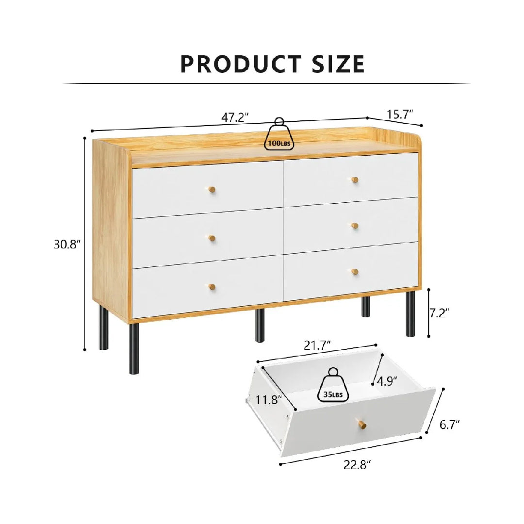 LYNSOM 6 Wood Dresser Drawer – 45.98" Storage Cabinet with 3 Doors for Bedroom, Living Room & Office