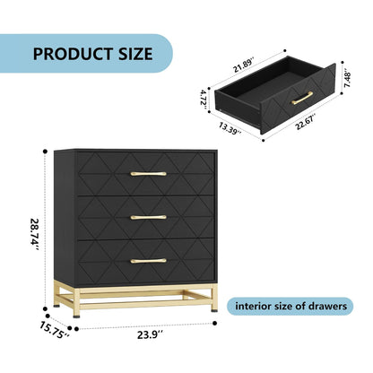 Black 3-drawer dresser with gold handles and base, compact storage cabinet measuring 28.74 x 23.9 x 15.75 inches, drawer size 22.67 x 13.39 x 7.48 inches