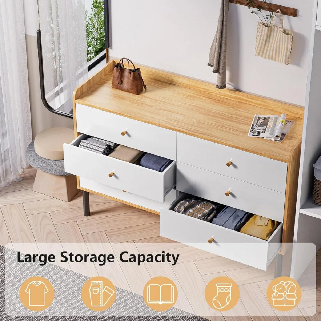 Top angled view of wooden dresser with open drawers showing folded clothes, highlighting large storage capacity for clothing and essentials