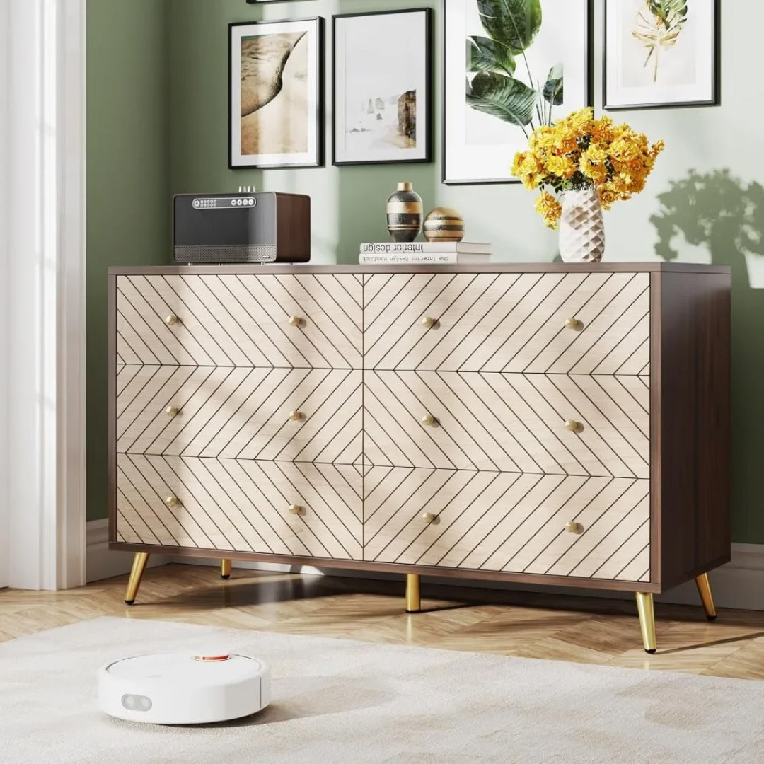 6-Drawer Dresser with Chevron Pattern – Stylish Wooden Storage Cabinet with Gold Knobs and Legs