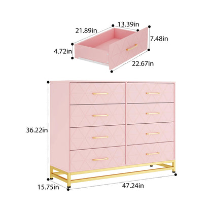 Pink 8-drawer dresser with gold metal base, modern storage cabinet measuring 47.24 x 15.75 x 36.22 inches, drawer size 22.67 x 13.39 x 7.48 inches