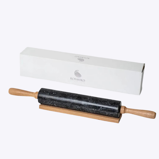 Polished Marble Rolling Pin with Wooden Cradle, 10-Inch Barrel, Black