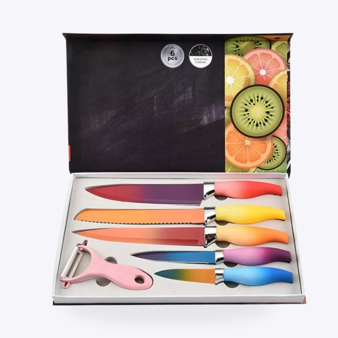 6 Piece Colorful Knife Set - 5 Kitchen Knives with 1 Peeler -Non-Stick Stainless