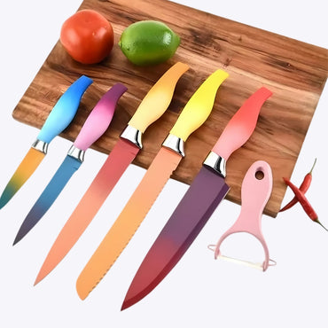 6 Piece Colorful Knife Set - 5 Kitchen Knives with 1 Peeler -Non-Stick Stainless