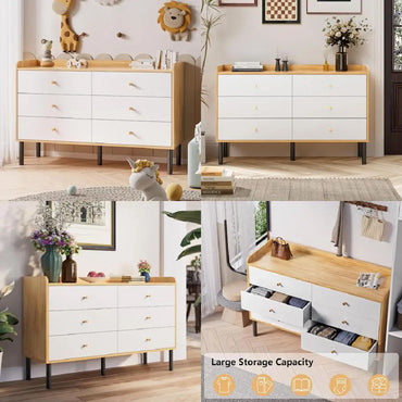Four different angled views of a wooden dresser with drawers