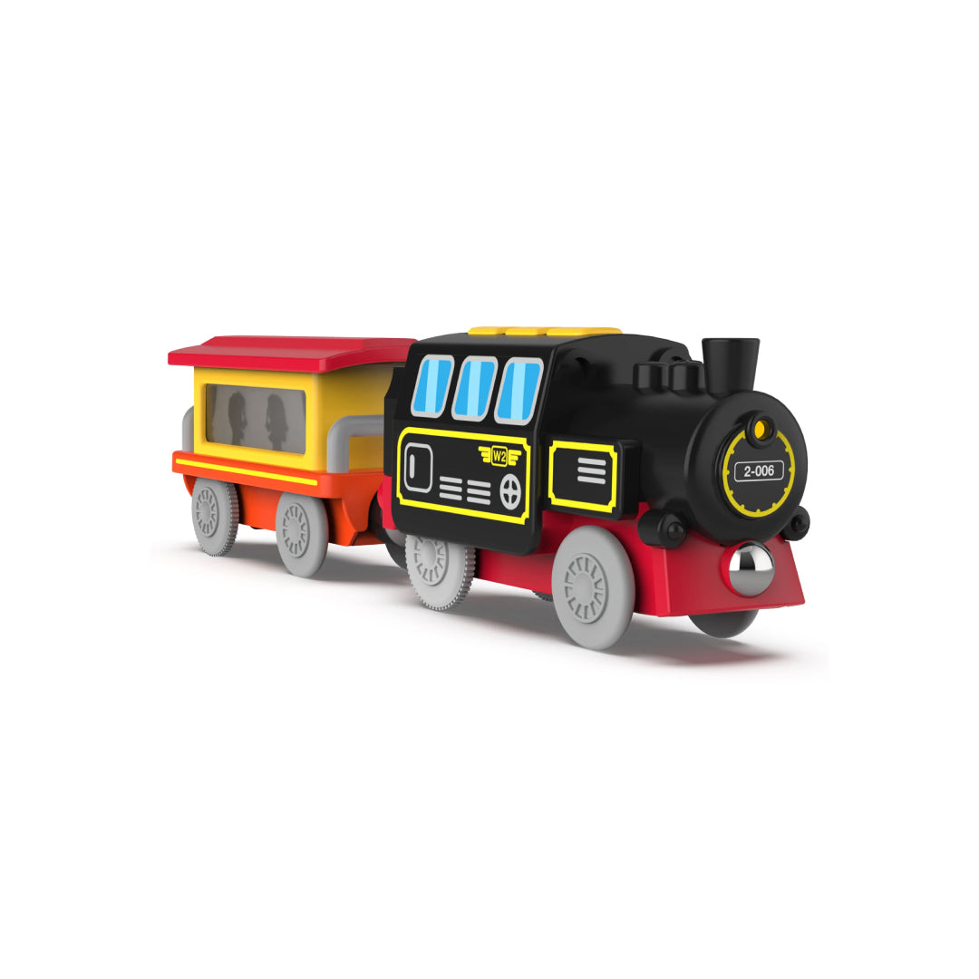 A toy steam train with a black engine and a red and yellow passenger car.