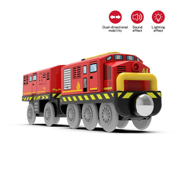 A red and black toy train with a yellow bumper.