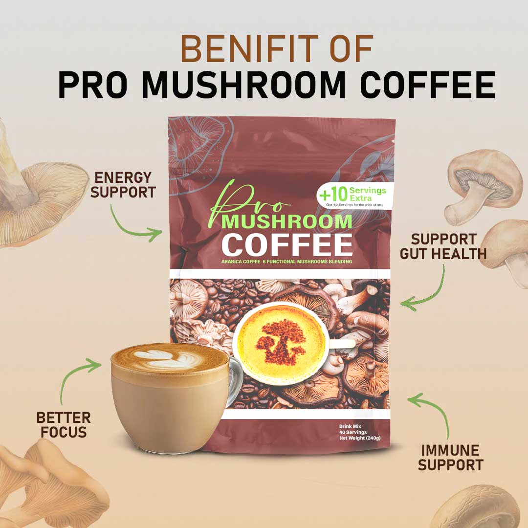 Pro Mushroom Coffee pouch with latte cup and labeled benefits showing energy support, better focus, gut health, and immune support