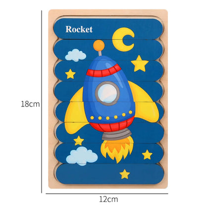 Kids New Wooden Two-sided Strip 3D Puzzles Wood Vehicle Fruit Jigsaw Puzzle Toy for Children Baby Learning Educational Toys Gift