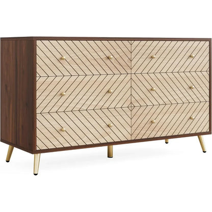 47-Inch Dresser for Bedroom with 6 Drawers, Double Wide Chest of Drawers with Gold Legs, Wood & Metal 6-Drawer Storage Cabinet f