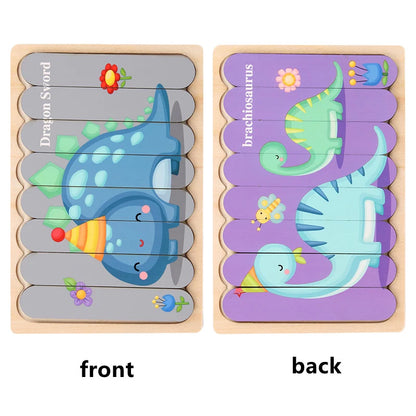 Kids New Wooden Two-sided Strip 3D Puzzles Wood Vehicle Fruit Jigsaw Puzzle Toy for Children Baby Learning Educational Toys Gift