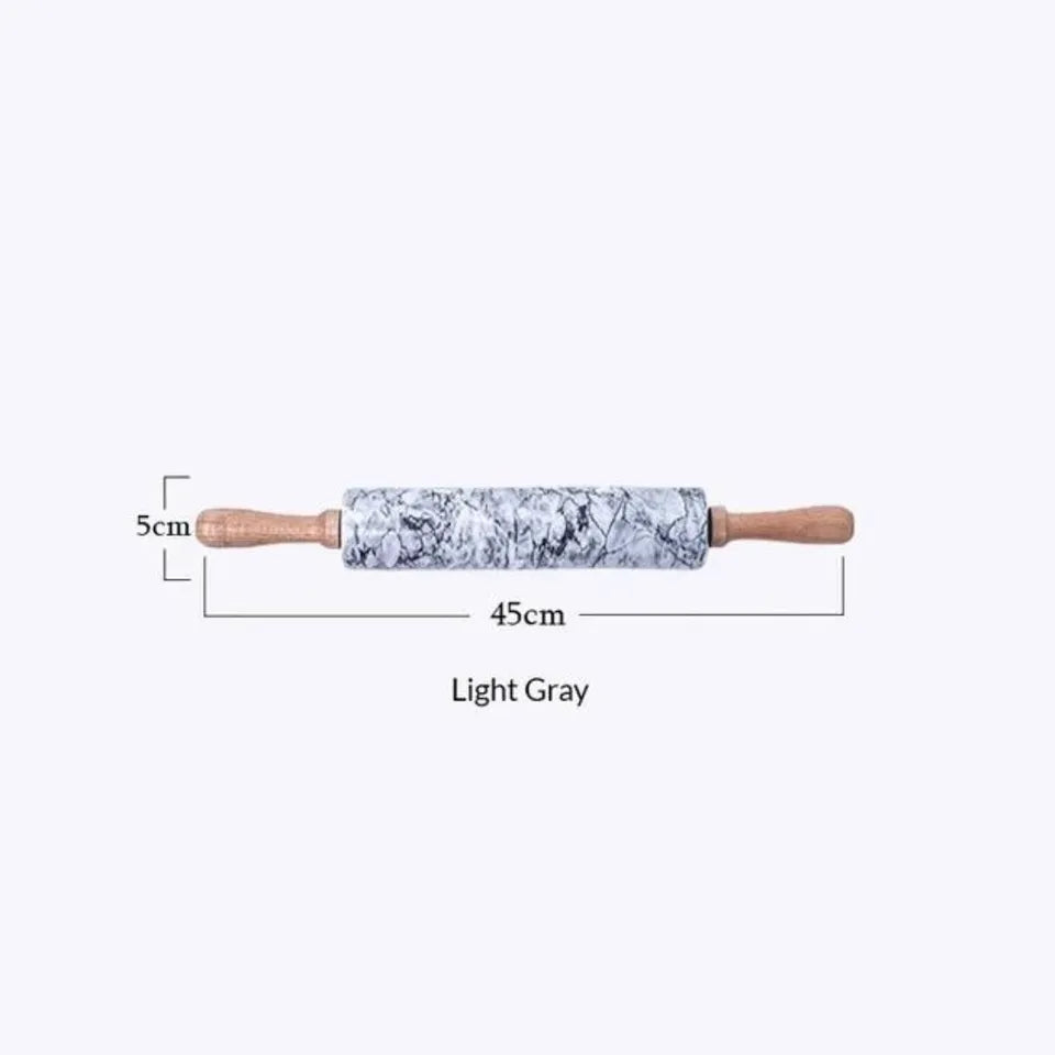 Black Polished Marble Rolling Pin with Wooden Cradle – 10-Inch Non-Stick Barrel