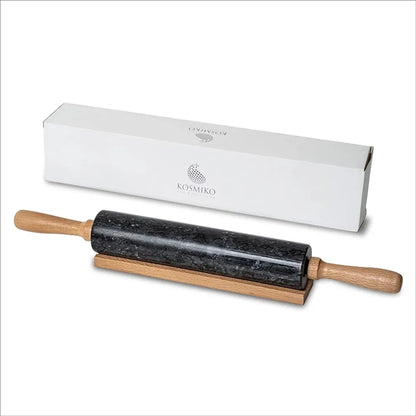 Black Polished Marble Rolling Pin with Wooden Cradle – 10-Inch Non-Stick Barrel