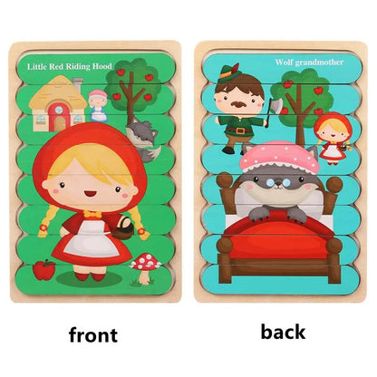 Kids New Wooden Two-sided Strip 3D Puzzles Wood Vehicle Fruit Jigsaw Puzzle Toy for Children Baby Learning Educational Toys Gift