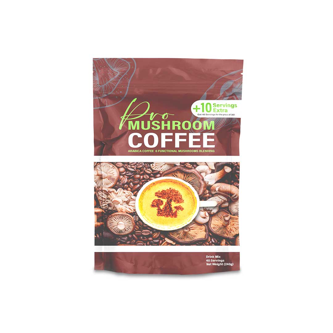 Front view of Pro Mushroom Coffee pouch featuring a latte cup with mushroom art and coffee beans mixed with mushrooms