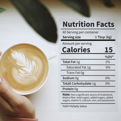 Nutrition facts panel for Pro Mushroom Coffee showing 15 calories per serving beside a cup of latte on a white background