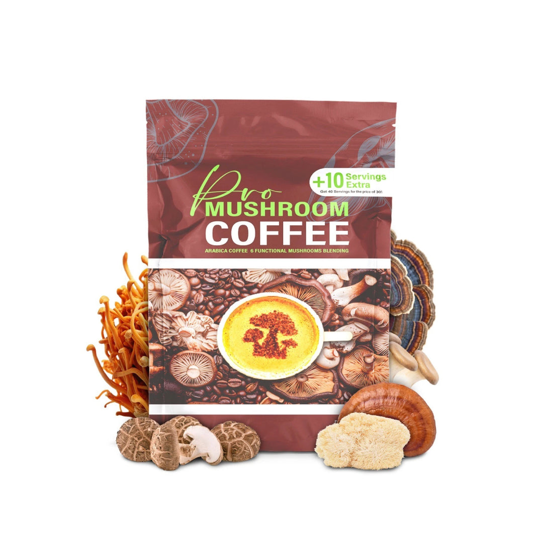 Pro Mushroom Coffee pouch displayed with various functional mushrooms including Lion’s Mane, Reishi, Shiitake, and Cordyceps around it