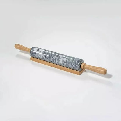 Black Polished Marble Rolling Pin with Wooden Cradle – 10-Inch Non-Stick Barrel