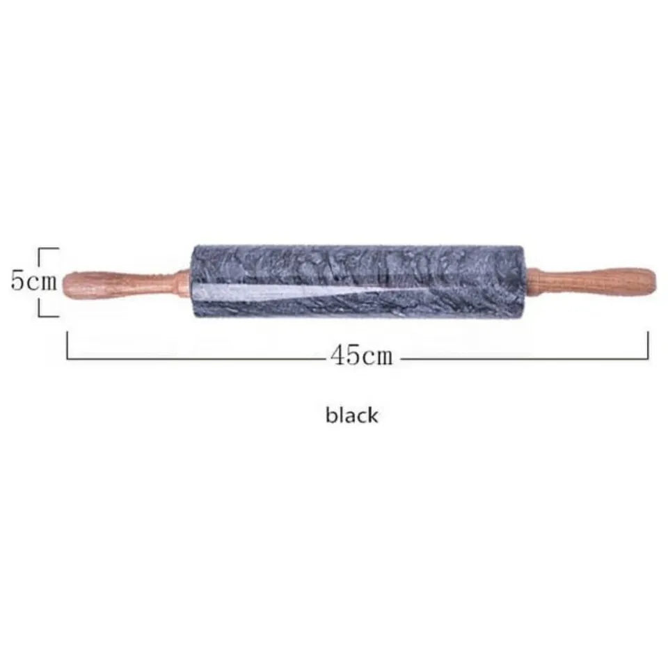 Black Polished Marble Rolling Pin with Wooden Cradle – 10-Inch Non-Stick Barrel