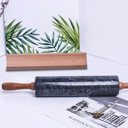 Black Polished Marble Rolling Pin with Wooden Cradle – 10-Inch Non-Stick Barrel