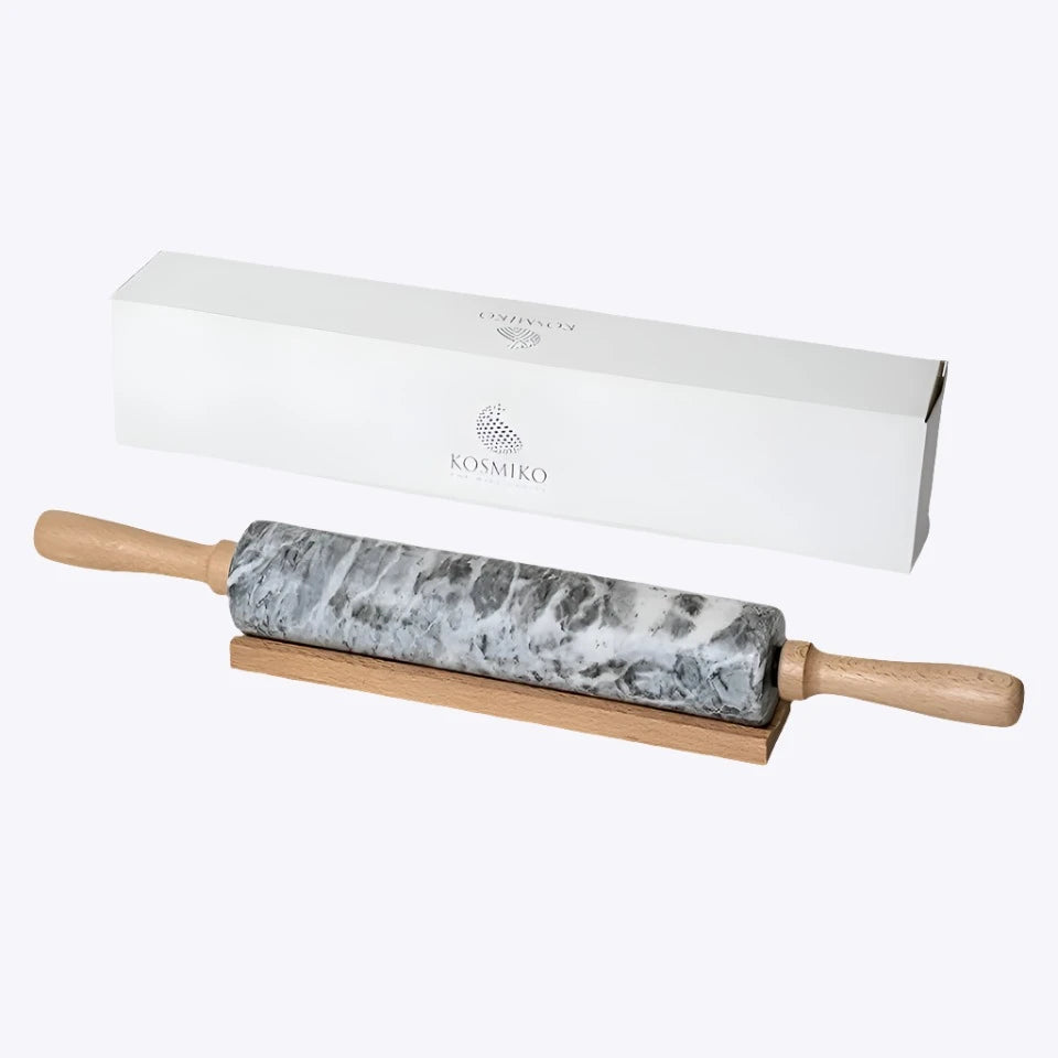 Black Polished Marble Rolling Pin with Wooden Cradle – 10-Inch Non-Stick Barrel