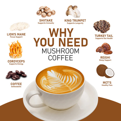 Illustrated infographic showing coffee cup surrounded by functional mushrooms like Lion’s Mane, Cordyceps, Reishi, and Shiitake with text “Why You Need Mushroom Coffee